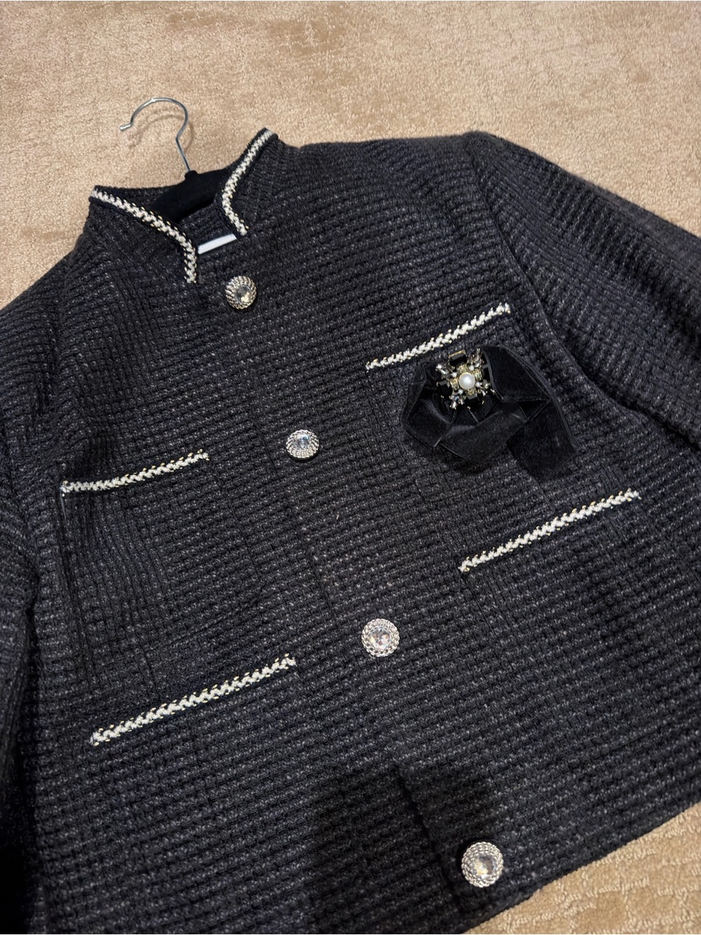 Avec Les Filles Black White Tweed Cropped Jacket Blazer S - Picture 4 of 14